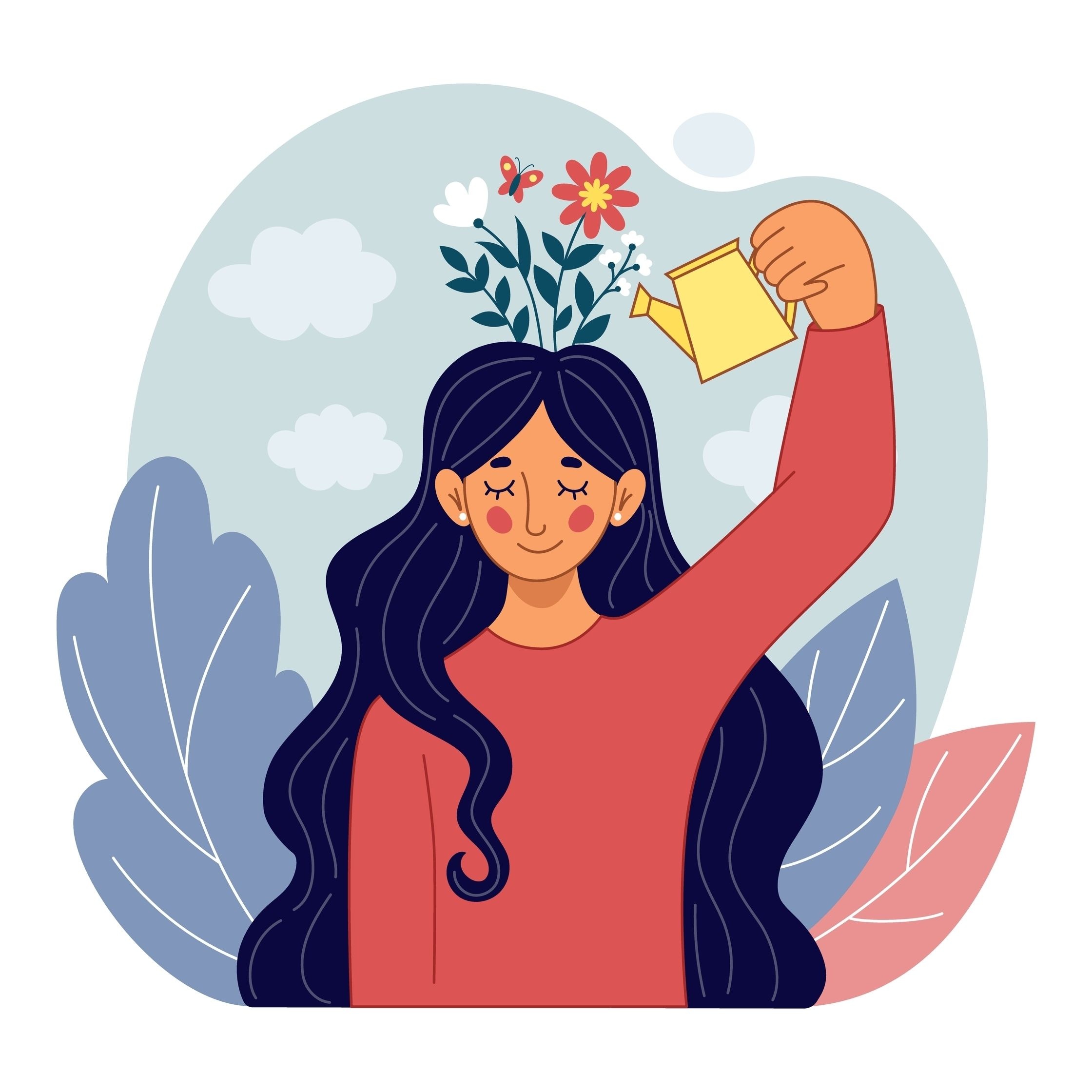 Cartoon image of a woman watering flowers on her head after taking care of her mental health with iv ketamine infusion therapy